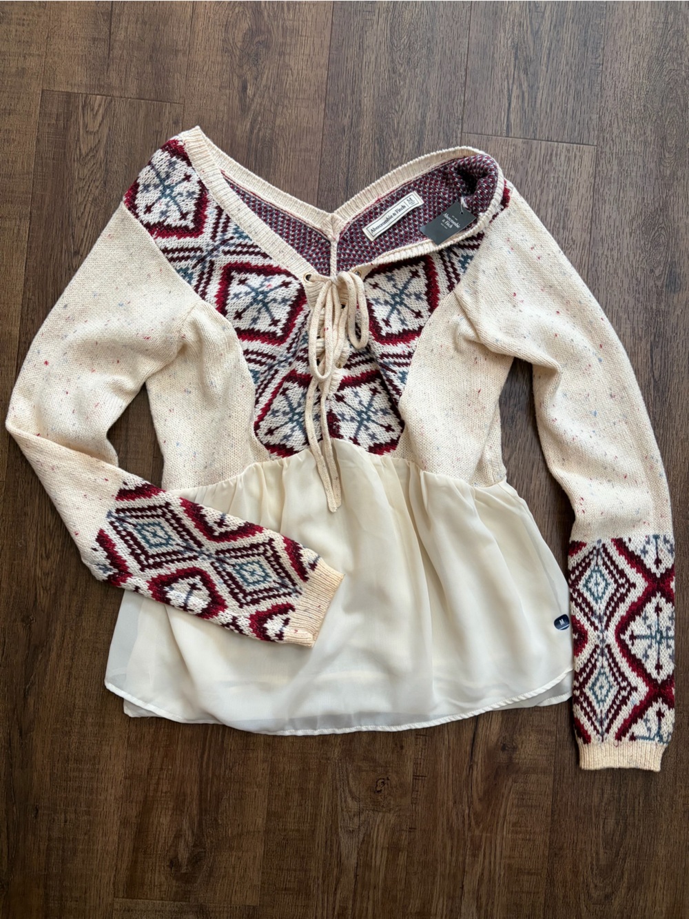 NWT Abercrombie & Fitch Lace-Up Fair Isle Chiffon Peplum Sweater ✨